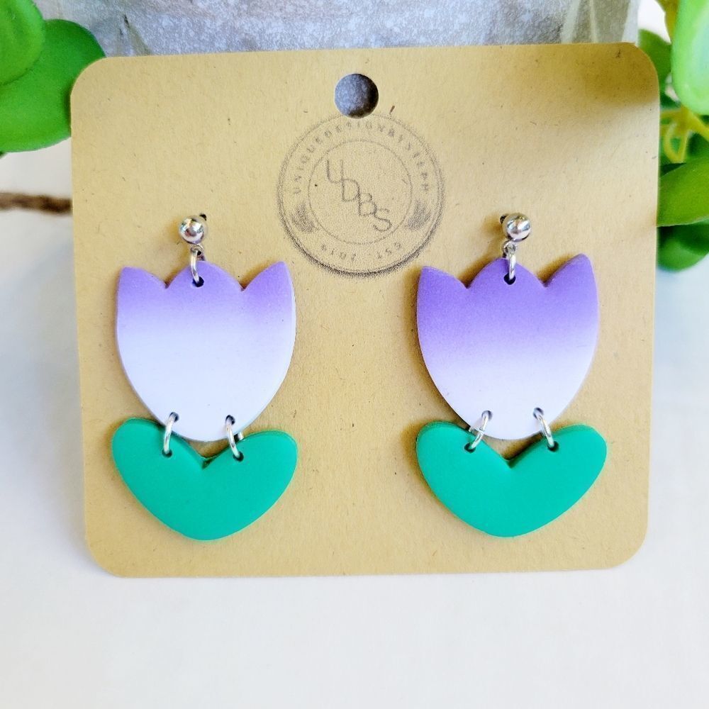 Purple ombre tulip clay dangle earrings, handmade clay earrings
